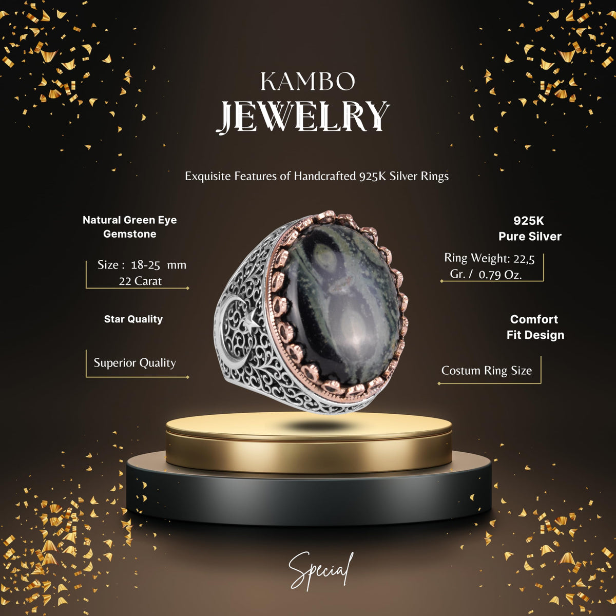 KAMBO 925 Sterling Silver Men's Natural Stone Ring - Moon and Star Design - Handmade Vintage Jewelry (Green Eye) — 2