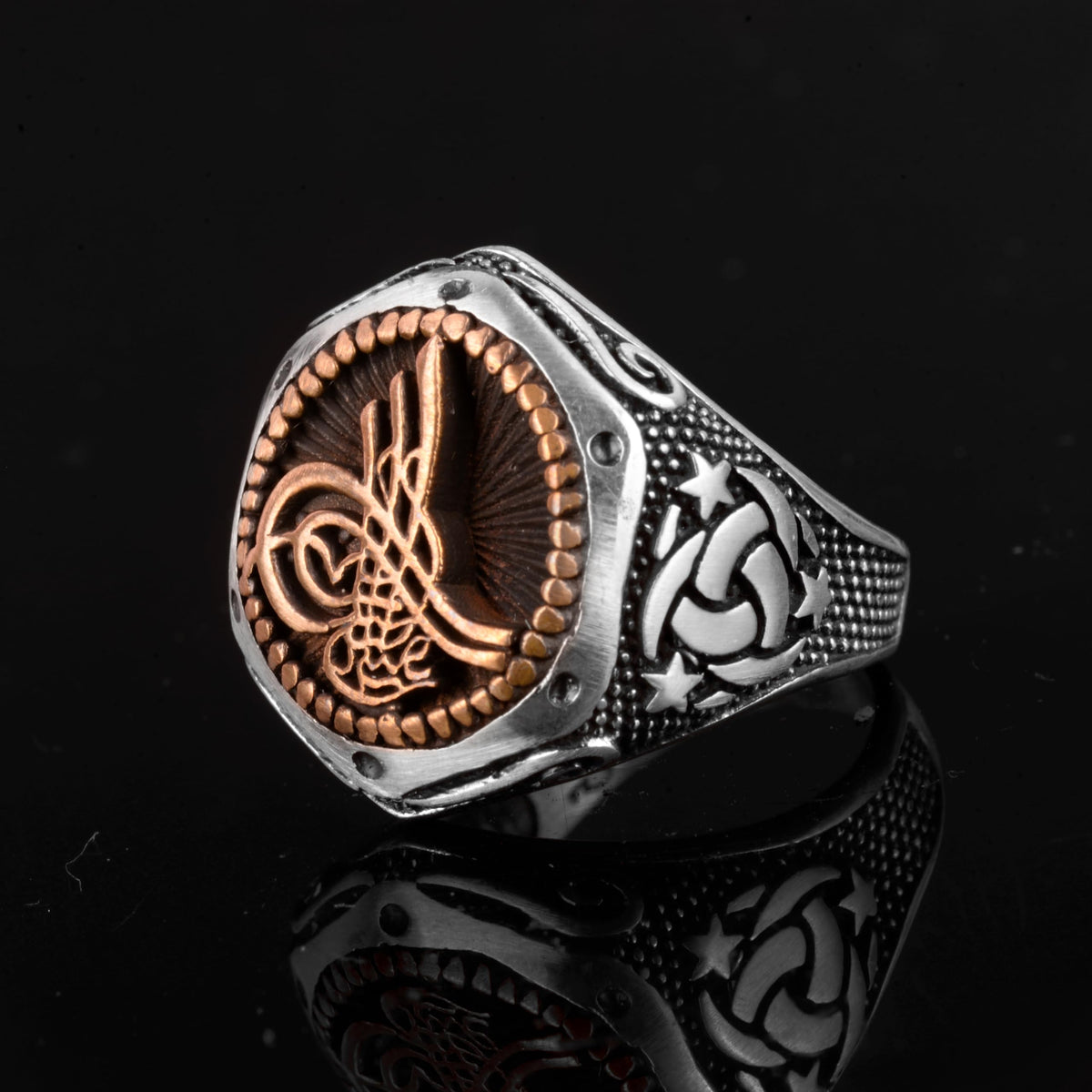 Falcon Jewelry KAMBO Handmade 925 Sterling Silver Ottoman Sign Ring for Men, Adjustable Vintage Middle East Pattern Stat