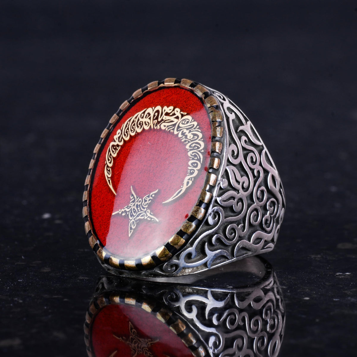 925 Sterling Silver Men's Ring - Moon and Star Design, Synthetic Stone - Silver Ring — 6