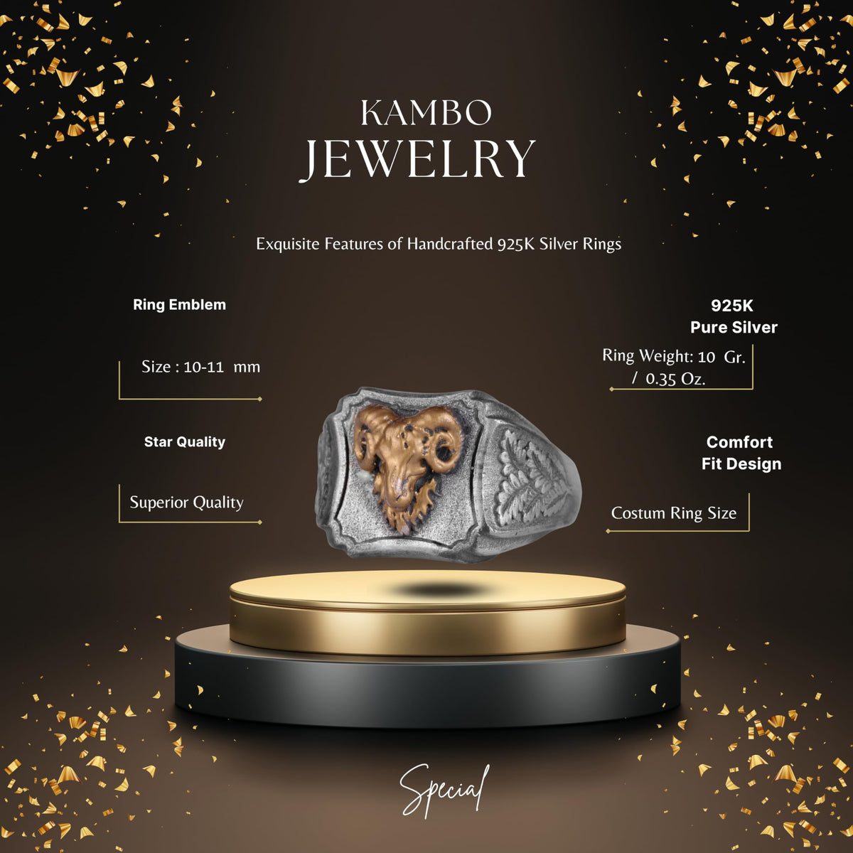 KAMBO Ram Skull Men's Ring – 925 Sterling Silver Gold Plated Ram Head – Handmade Gothic Ram Symbol Jewelry – Bold Viking Statement Ring — 2