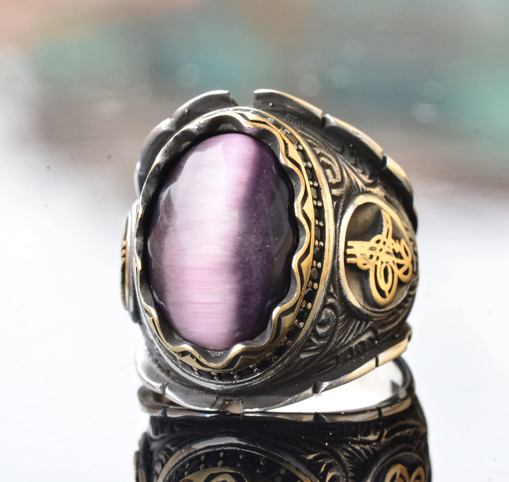Natural Cat's Eye Amethyst Stone Ottoman Men's Ring - 925 Sterling Silver — 3