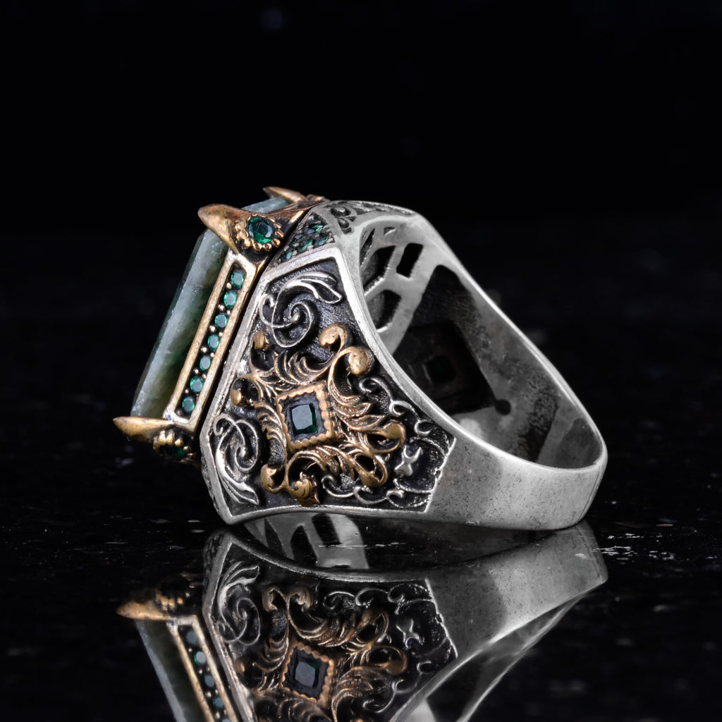 925 Sterling Silver Men's Ring with Real Emerald Stone – Handmade Vintage Design — 4