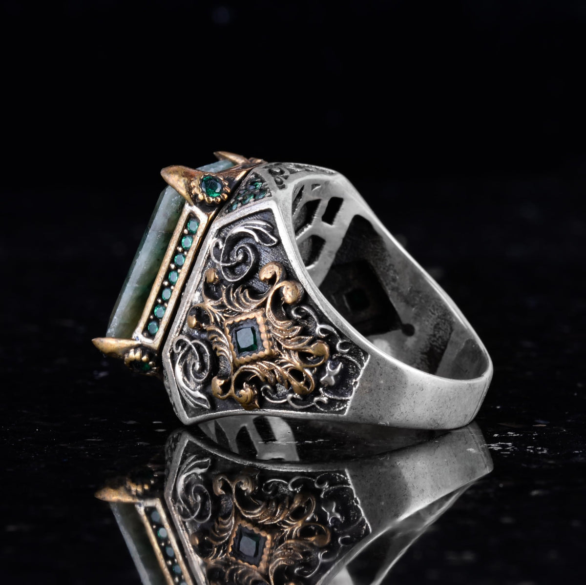925 Sterling Silver Men's Ring with Real Emerald Stone – Handmade Vintage Design — 4