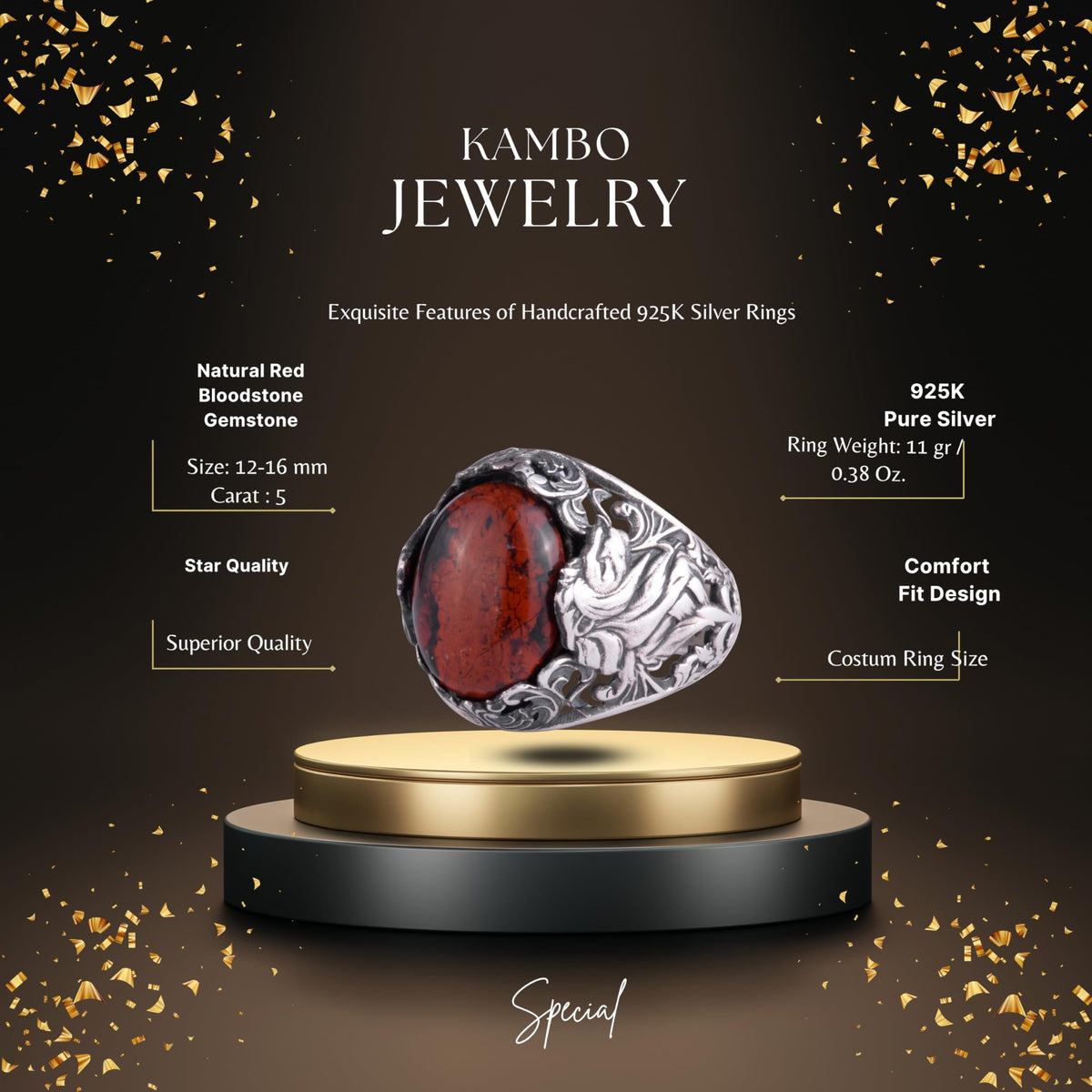 KAMBO Natural Stone Men's Ring 925 Sterling Silver - Large Flower Engraved Statement Ring - Handmade Vintage Ring for Men (Red Bloodstone) — 2