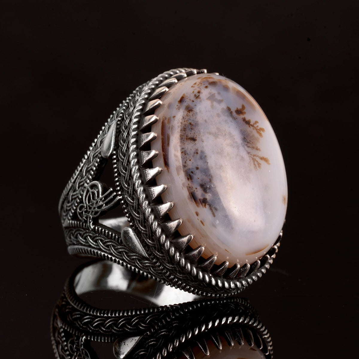 925 Sterling Silver Men's Ring, Natural Yemen Agate Stone Ring, Oval Tugra Ring — 4