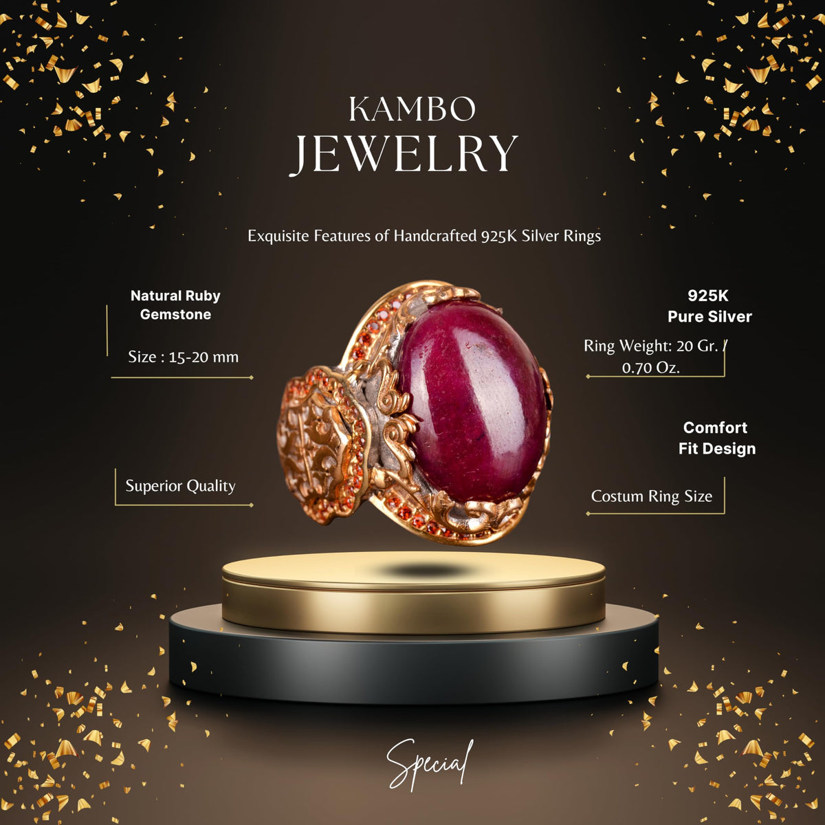 Natural Ruby Stone Ring, 925 Sterling Silver — 2