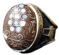 Handmade Walnut Carved Pattern Silver Men's Ring, with Pearl and Decorative Details
