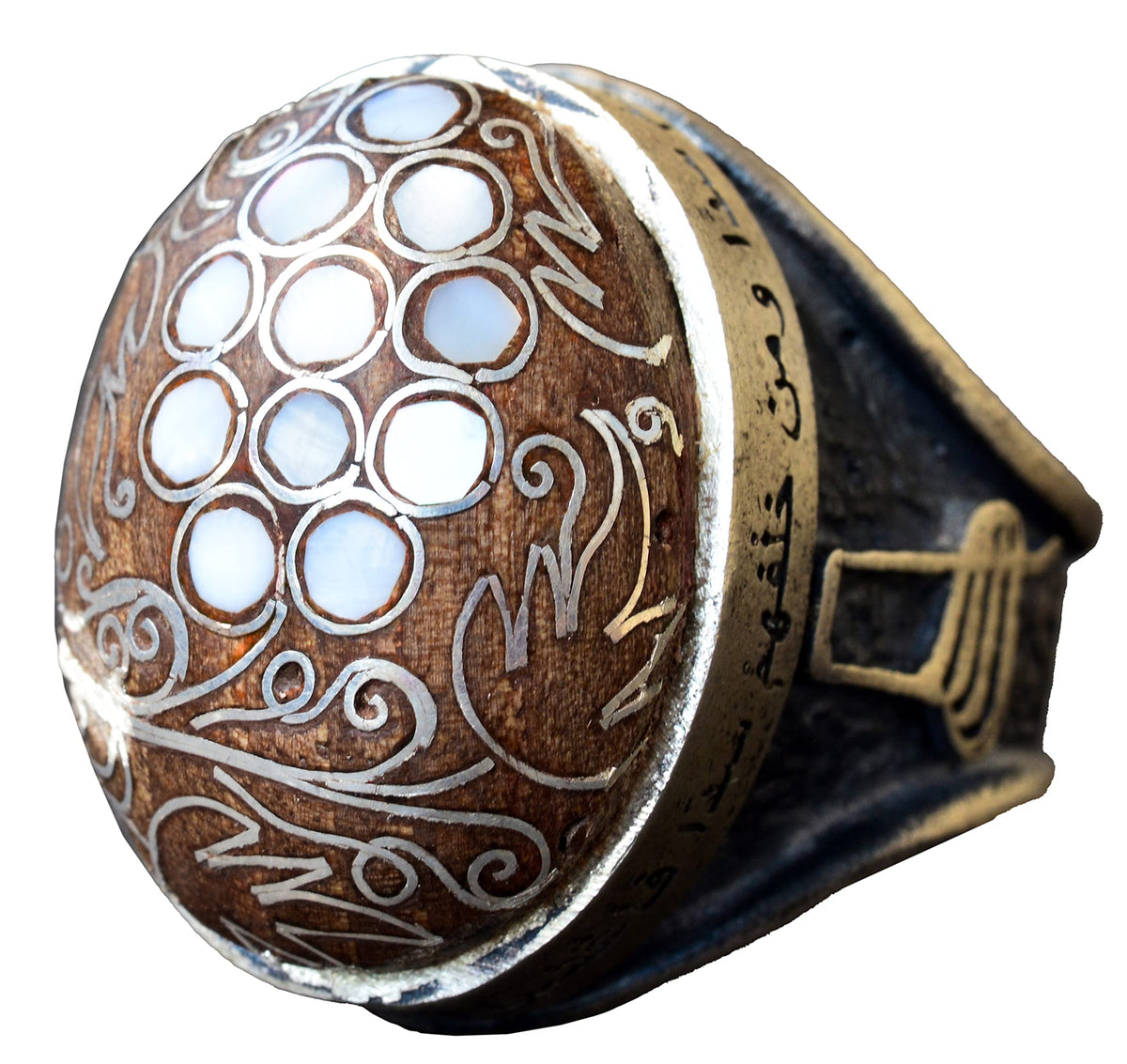 Handmade Walnut Carved Pattern Silver Men's Ring, with Pearl and Decorative Details