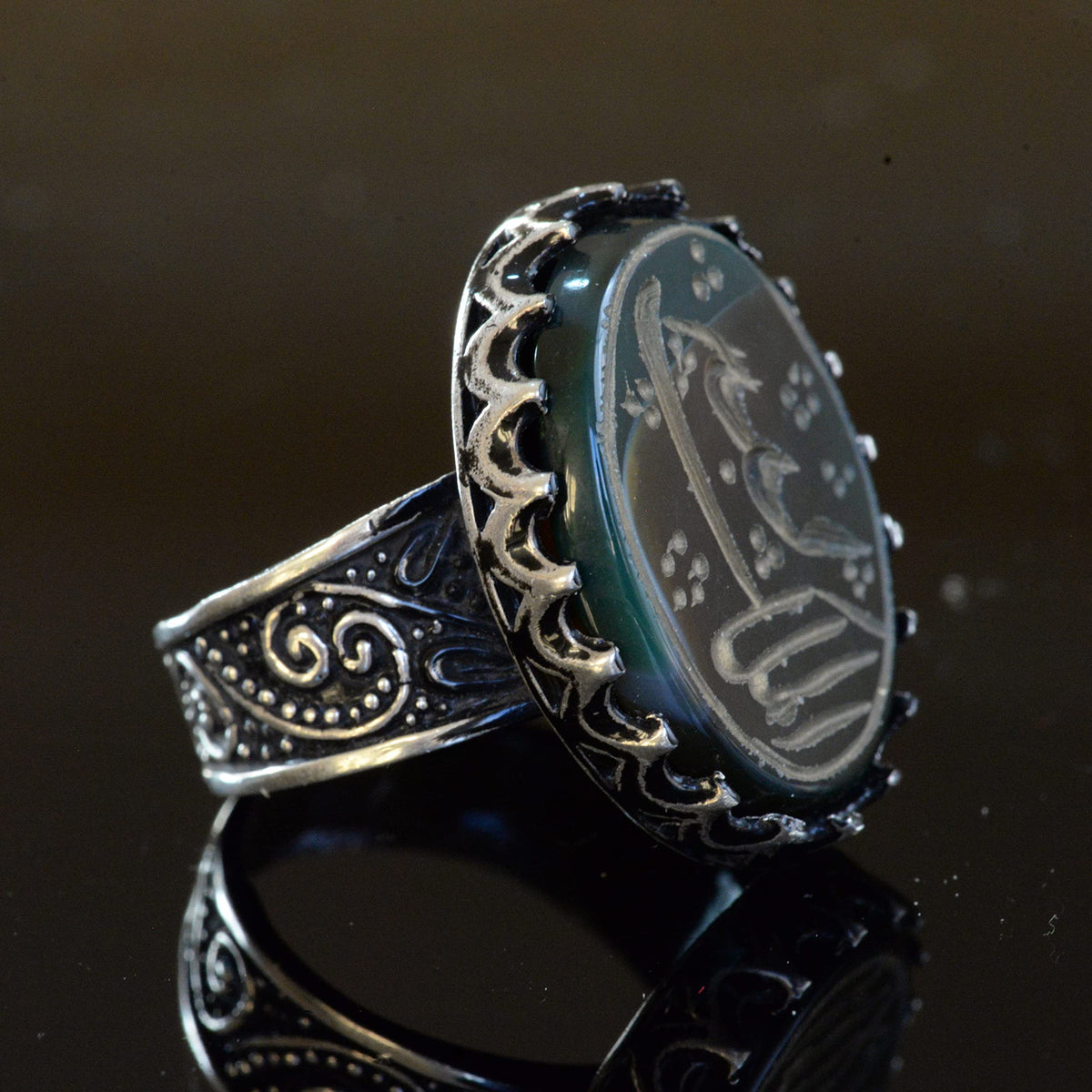 Handmade Jade Stone Ring, 925 Sterling Silver Men's Ring, Islamic Calligraphy Design — 3