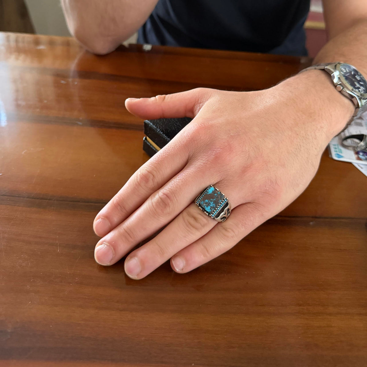 KAMBO Natural Turquoise Stone Ring for Men - 925 Sterling Silver Handmade Statement Ring - Vintage Artisan Turkish Jewelry — 3