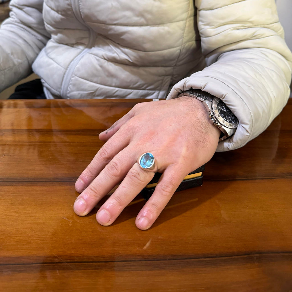 KAMBO Natural Blue Swiss Topaz Stone Men's Ring – Oval Cut Minimal Stone Ring – 925 Sterling Silver Handmade Elegant Men's Jewelry — 3