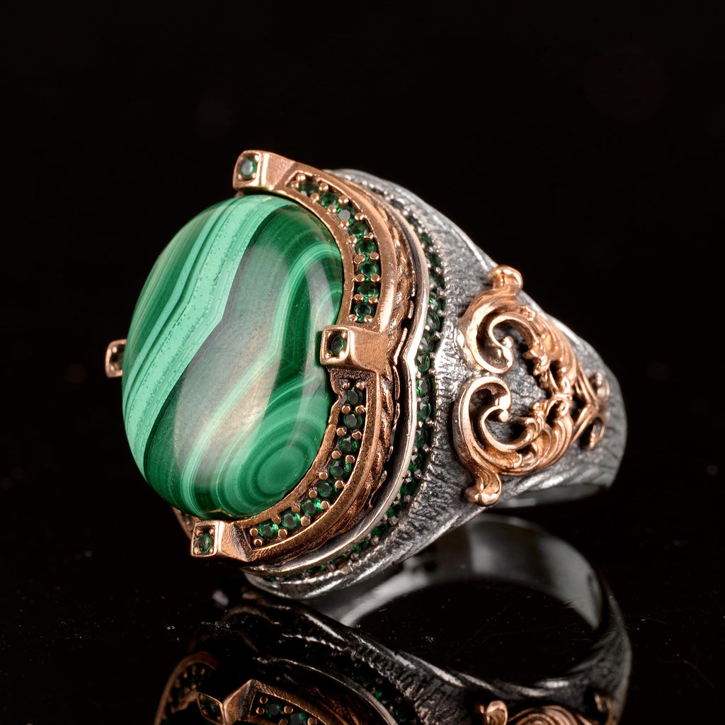 925 Sterling Silver Handcrafted Vintage Design Men's Ring - Natural Malachite — 4