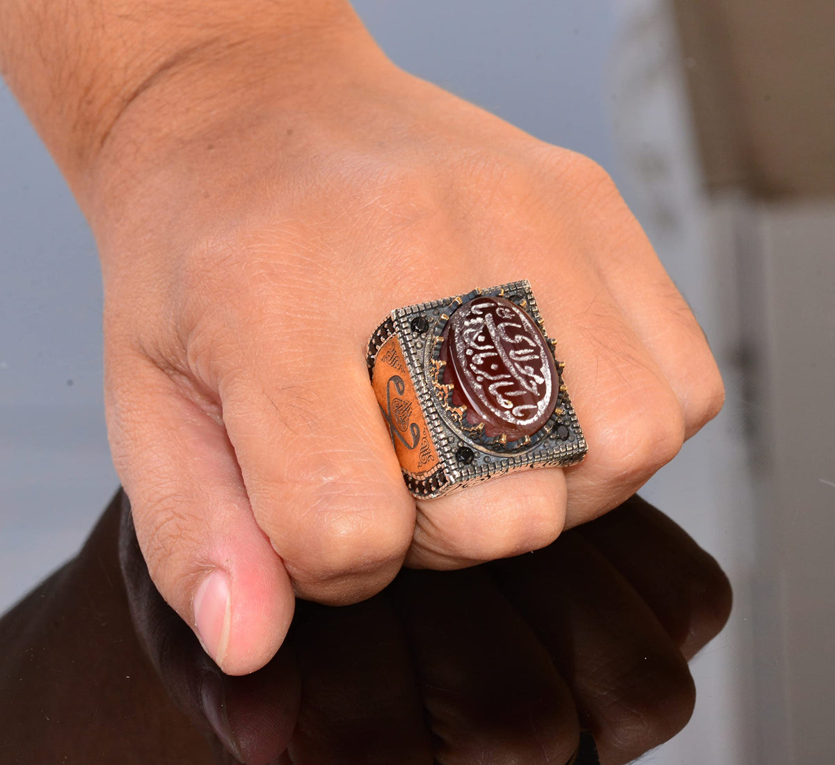 Silver Islamic Men's Ring with Natural Agate Stone — 7