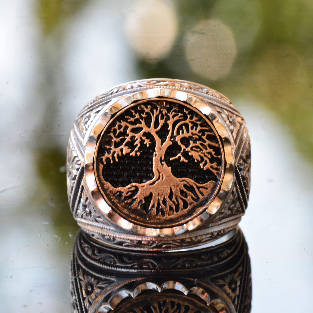 925 Solid Sterling Silver Ring - Round Silver Men's Ring - Signet Rings (Tree of Life)