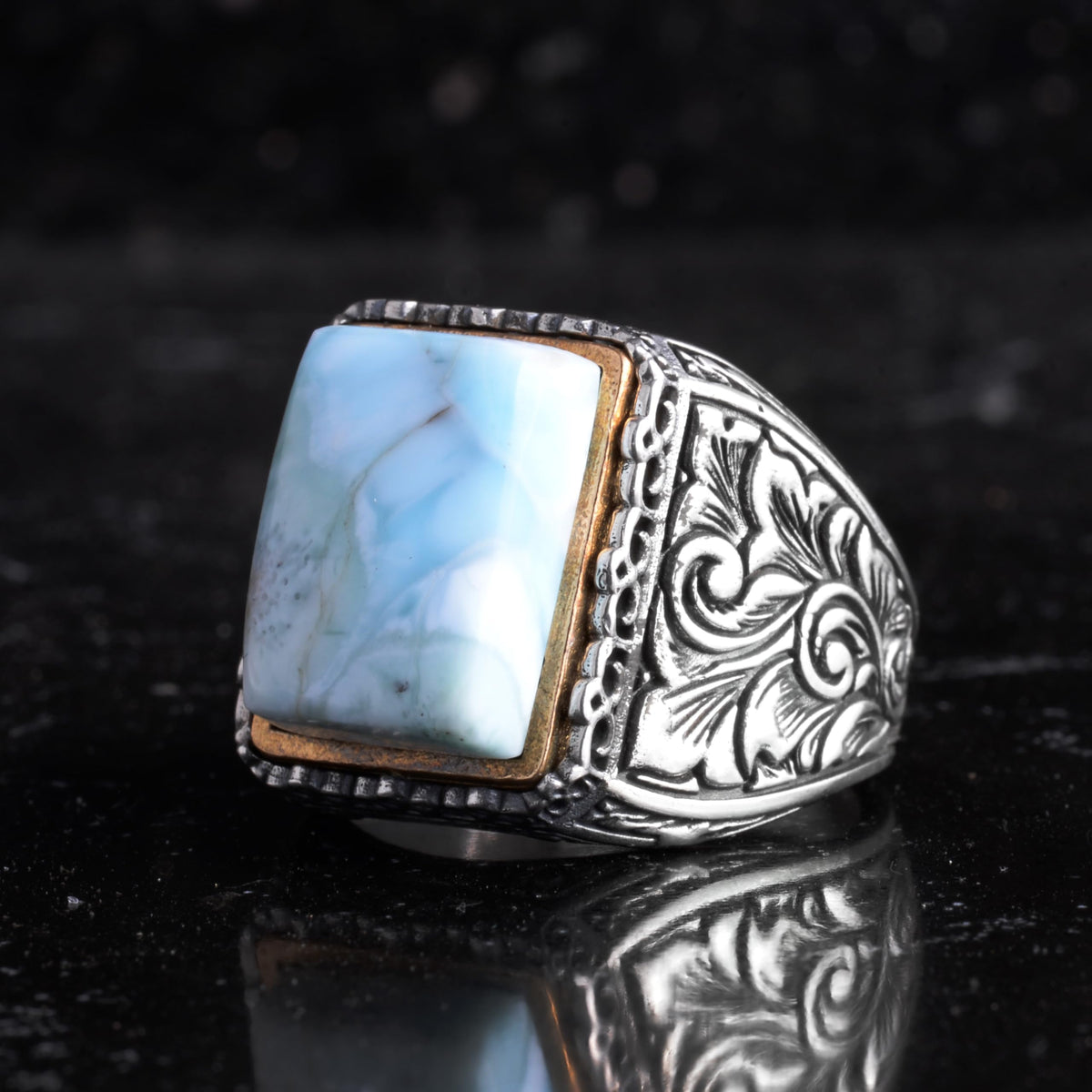 KAMBO Natural Larimar Stone Ring for Men - Rectangular Stone 925 Sterling Silver Ring - Handmade Description Jewelry - Vintage Flower Engraved Men's Ring — 4