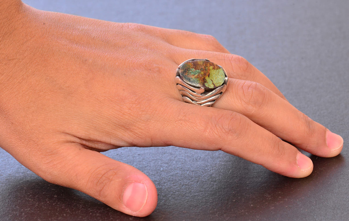 Natural Arizona Turquoise Stone Ring - Silver Men's Ring (Model-2) — 6