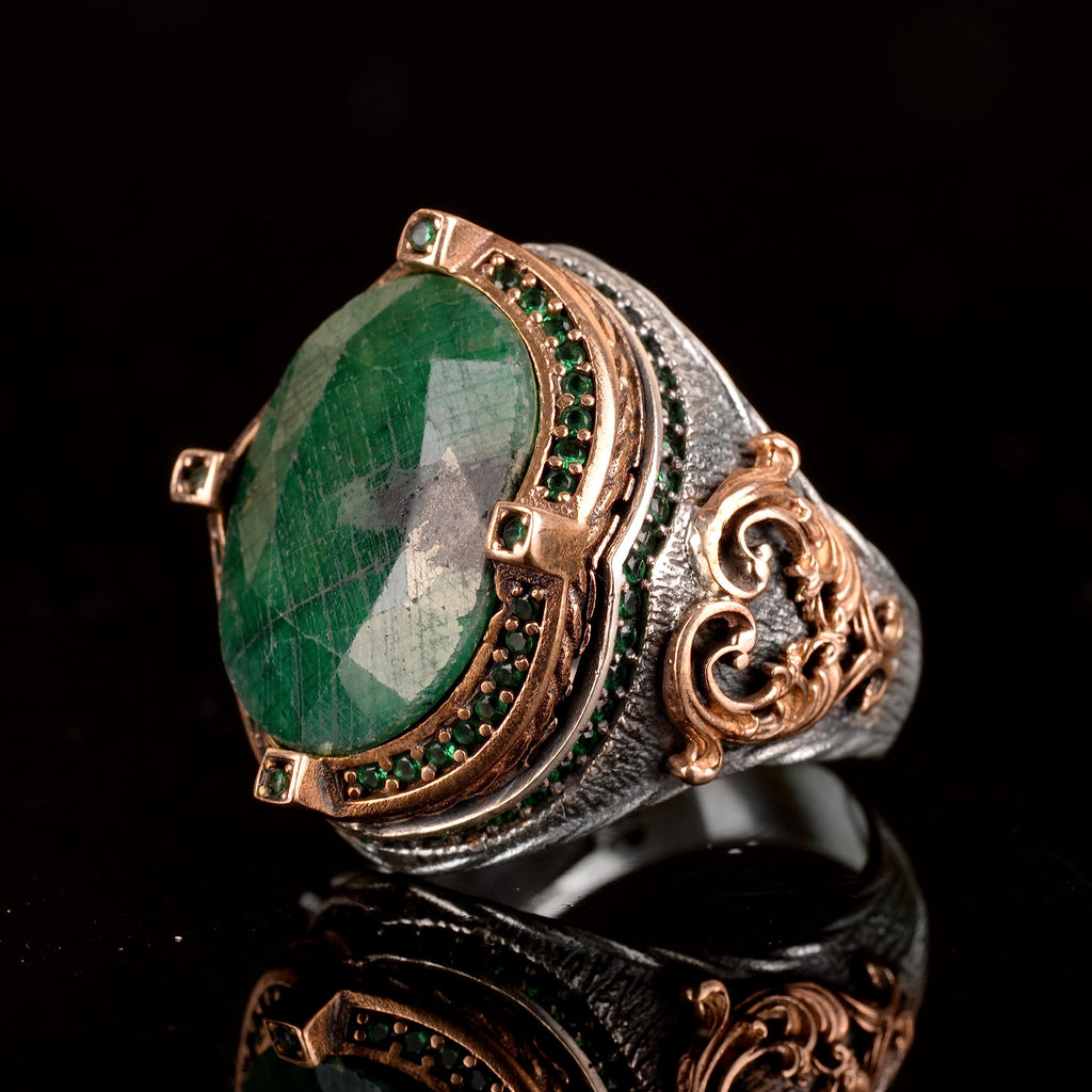 Emerald Stone Ring - 925 Sterling Silver Men's Ring — 5