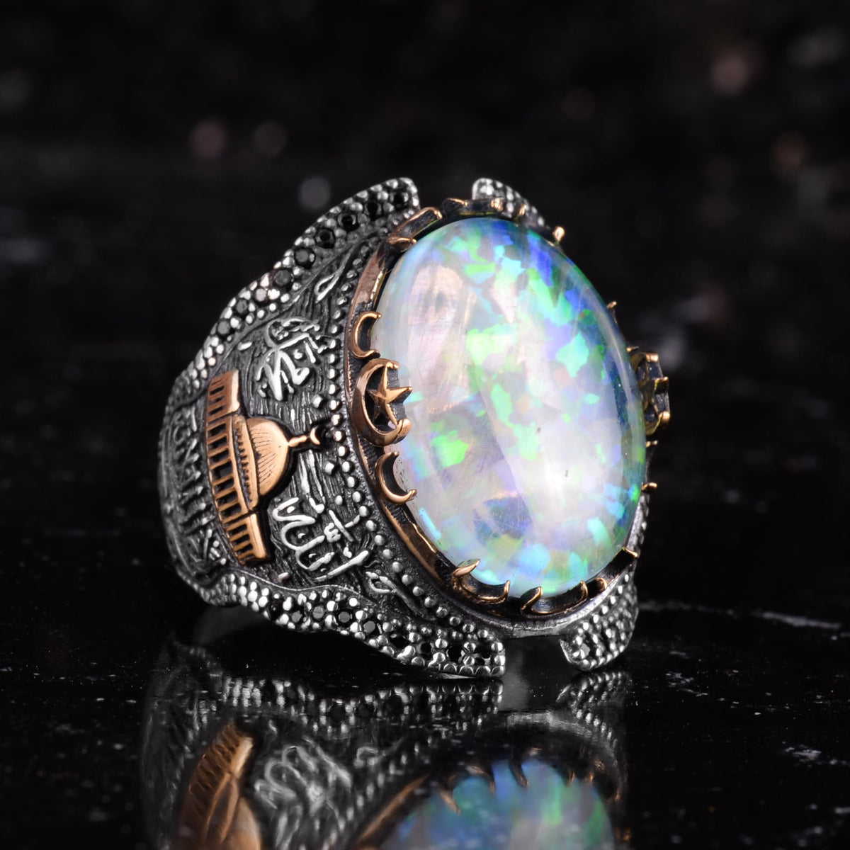 Certified Natural Opal Stone Large Men's Ring 925 Sterling Silver – Mosque Motif Black Detailed Bronze Detailed Handmade Statement Ring — 4
