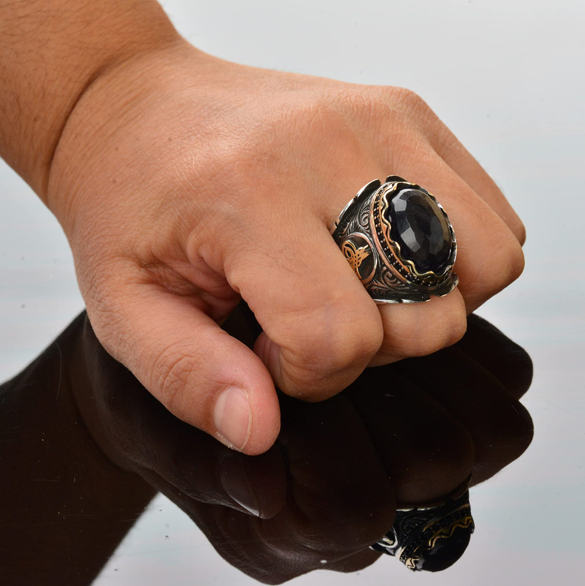 Handcrafted 925 Sterling Silver Men's Ring, Blue Sapphire Stone - Ottoman Design — 7
