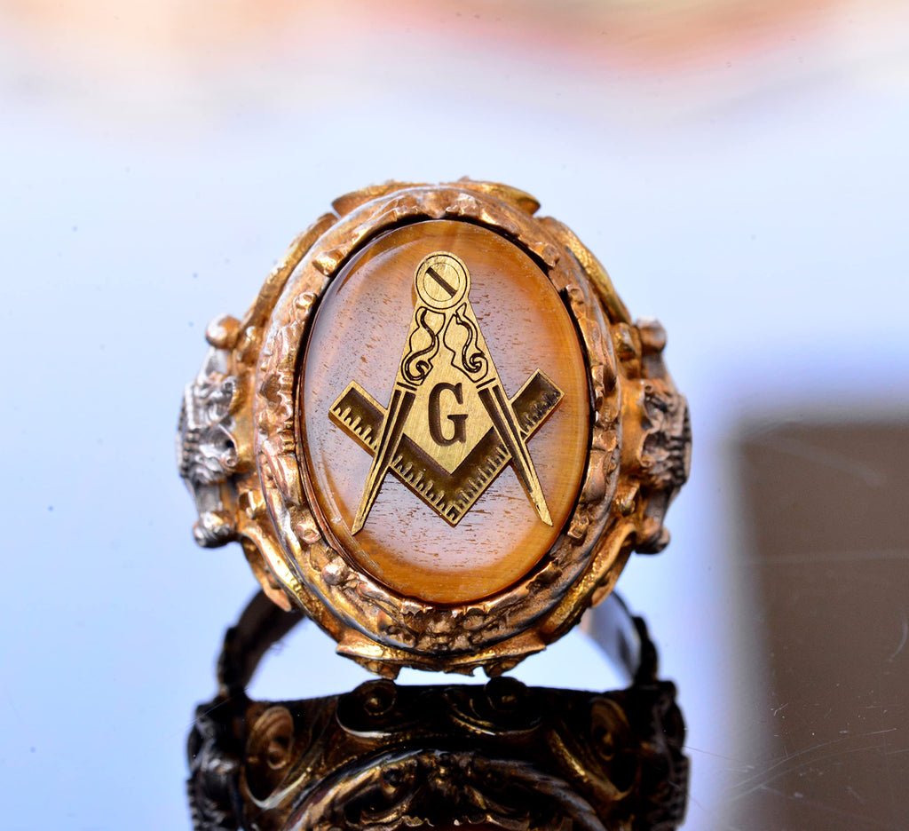 Mason Ring - Master Mason Silver Ring, Tiger Eye Stone, Gold Plated — 5