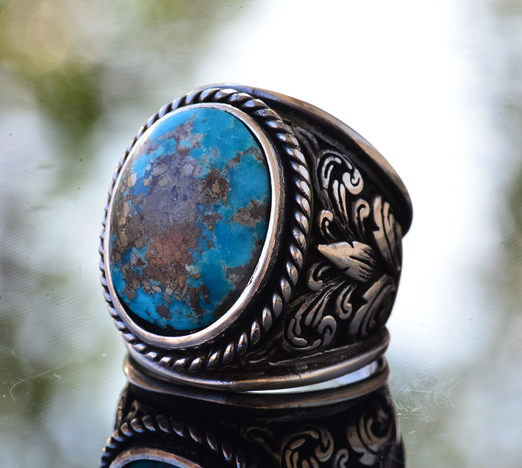 Natural Arizona Turquoise Stone Ring - Silver Men's Ring (Model-5) — 3