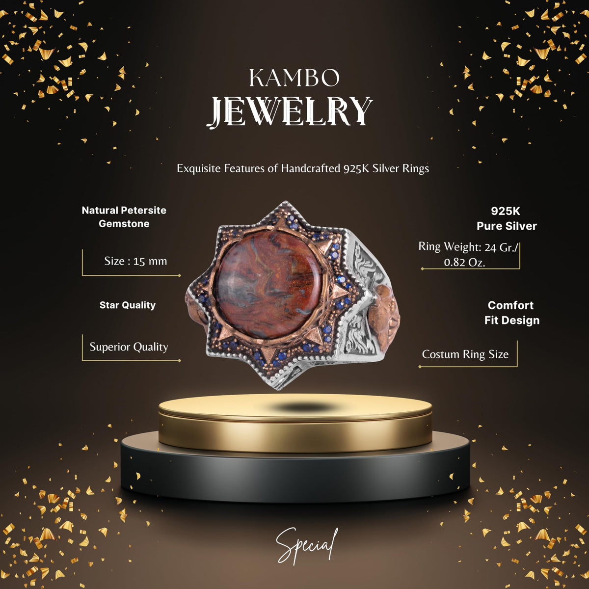 KAMBO 925 Sterling Silver Men's Natural Stone Ring – Warrior Helmet Motif Handmade Star Frame – Protective Spiritual Jewelry (Petersite) — 2