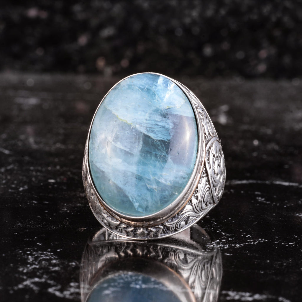 KAMBO Natural Aquamarine Stone Large Men's Ring - Oval Stone Vintage Floral Engraved Statement Ring - 925 Sterling Silver Handmade Men's Jewelry — 4