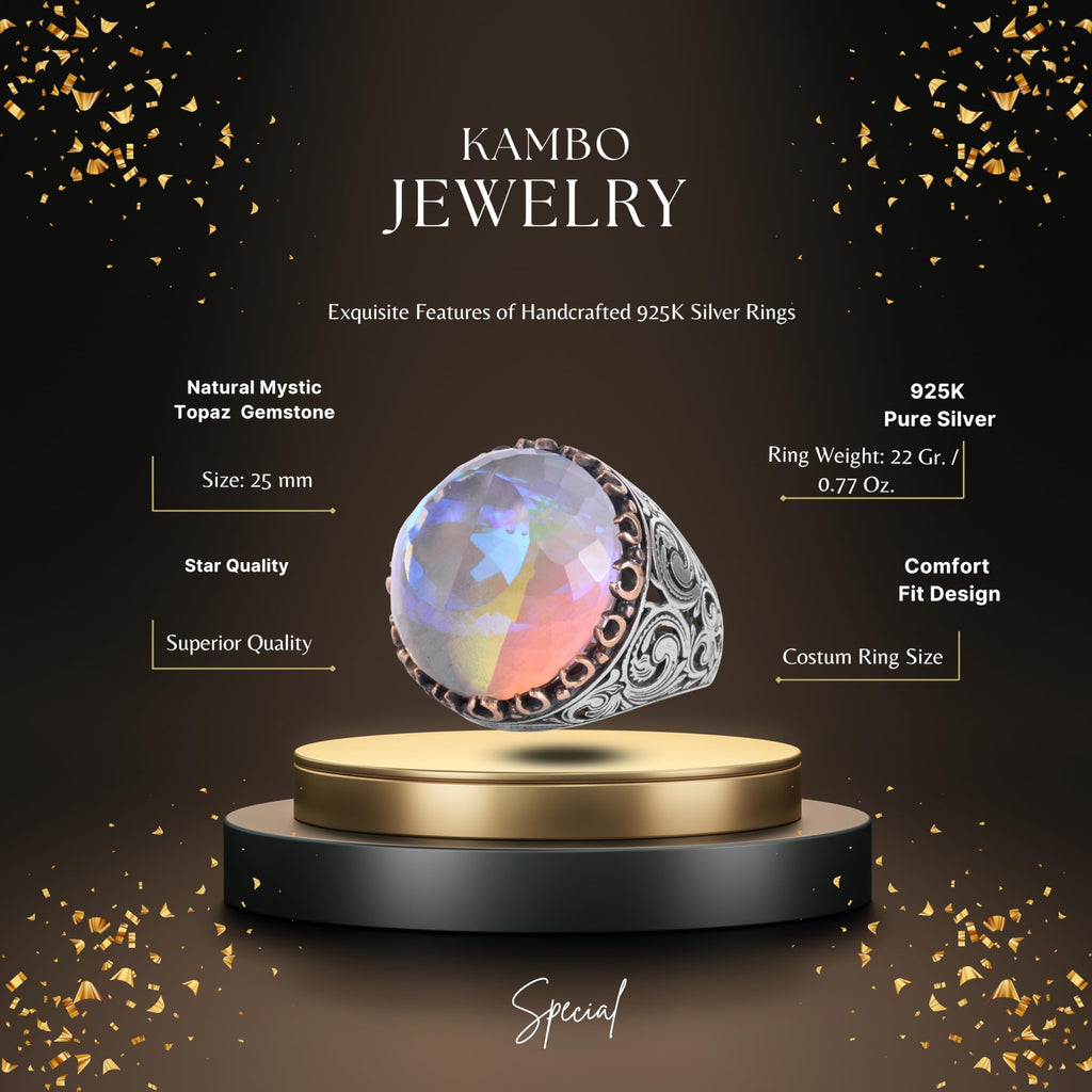 KAMBO Natural Mystic Topaz Round Large Men's Ring – Certified Mystic Topaz Stone – 925 Sterling Silver Handmade Statement Ring – Vintage Ottoman Style Men's Jewelry — 2