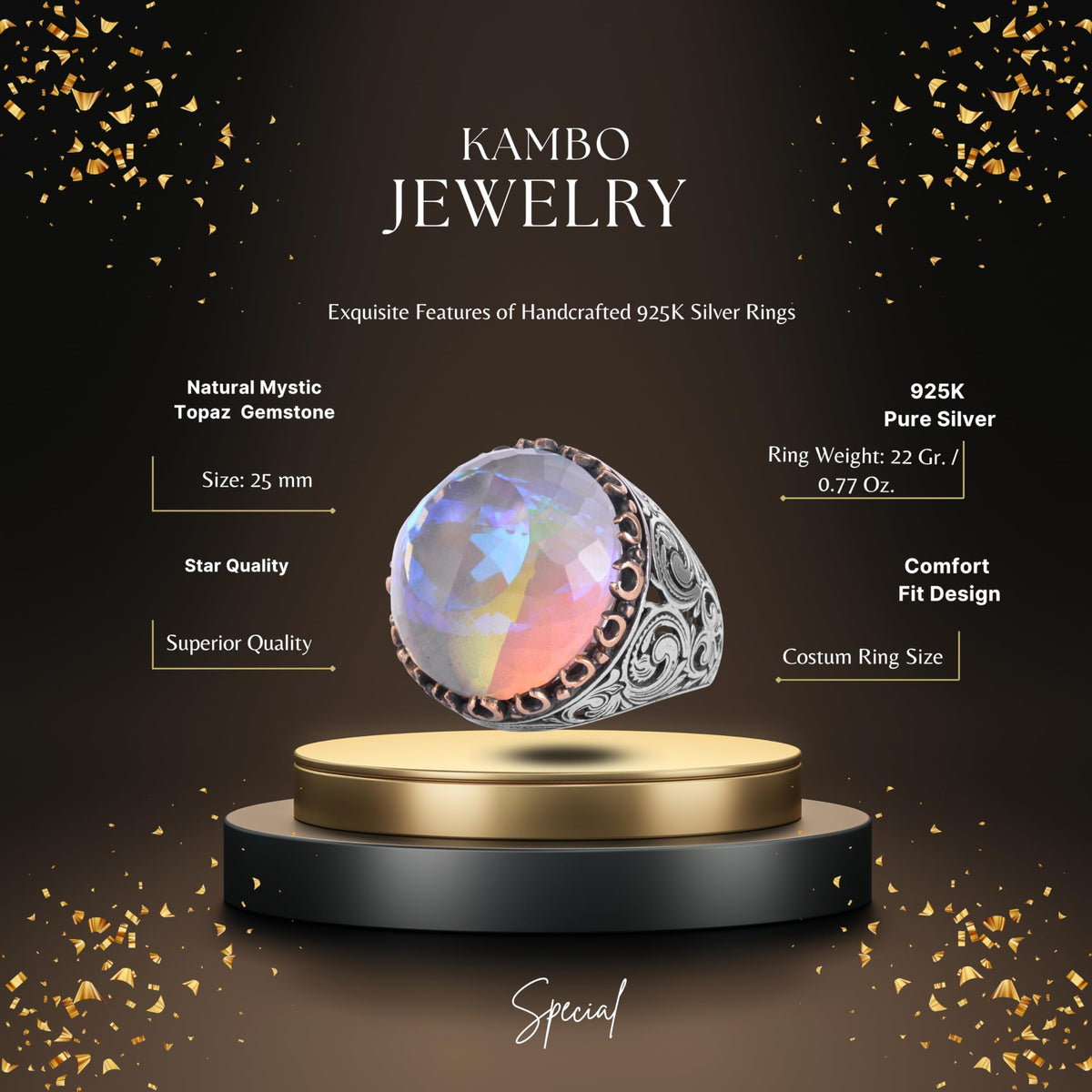KAMBO Natural Mystic Topaz Round Large Men's Ring – Certified Mystic Topaz Stone – 925 Sterling Silver Handmade Statement Ring – Vintage Ottoman Style Men's Jewelry — 2
