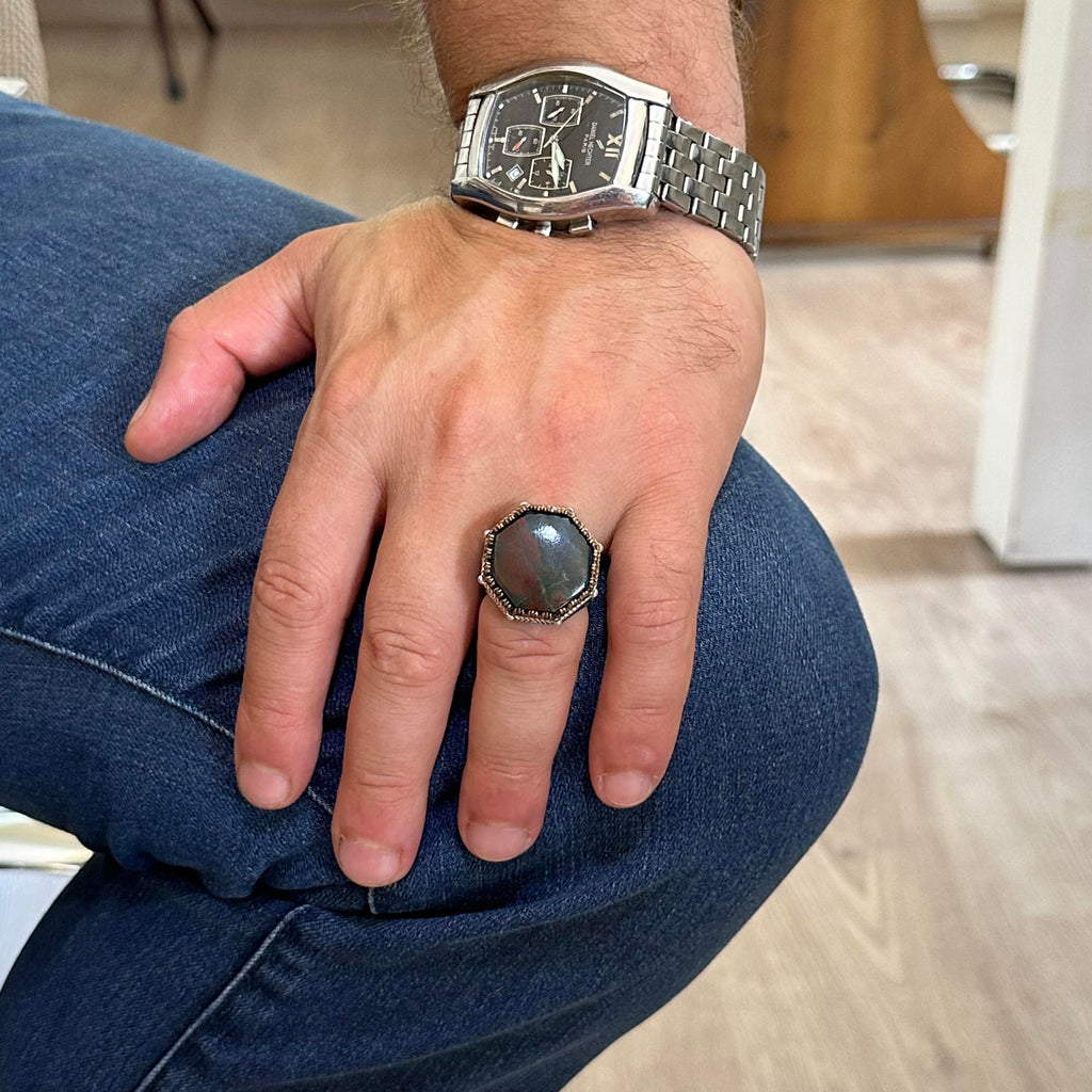 Natural Green Bloodstone Ring - Octagonal Design - Handmade 925 Sterling Silver Jewelry — 3