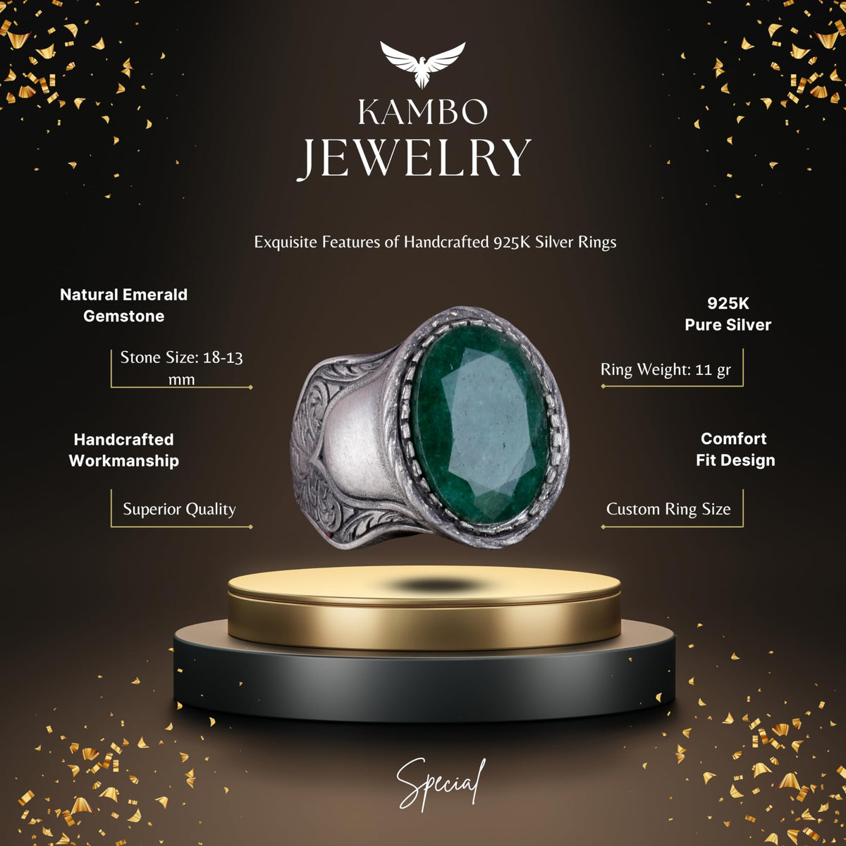 Natural Stone Ring - Emerald, 925 Sterling Silver — 2