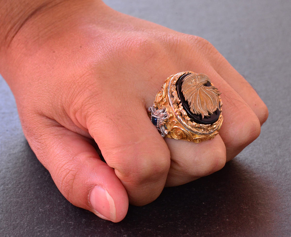 Handmade Onyx Ring - 925 Sterling Silver Men's Ring (Eagle) — 6