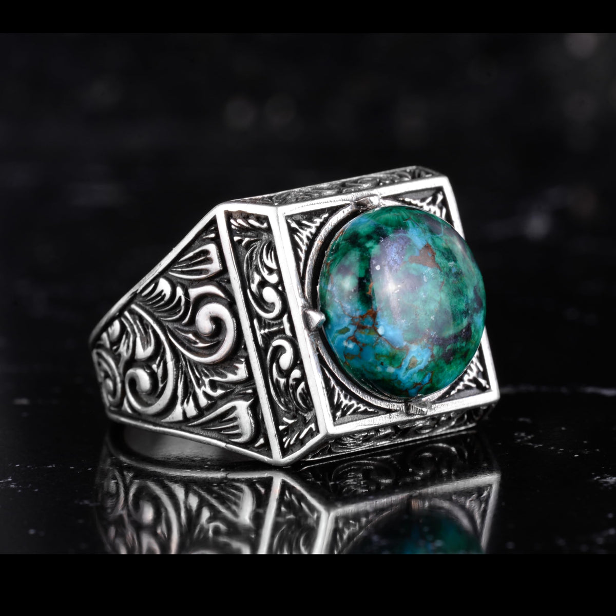 KAMBO Natural Round Stone Square Men's Ring 925 Sterling Silver – Ottoman Pattern Handmade Stone Ring (Chrysocolla) — 6