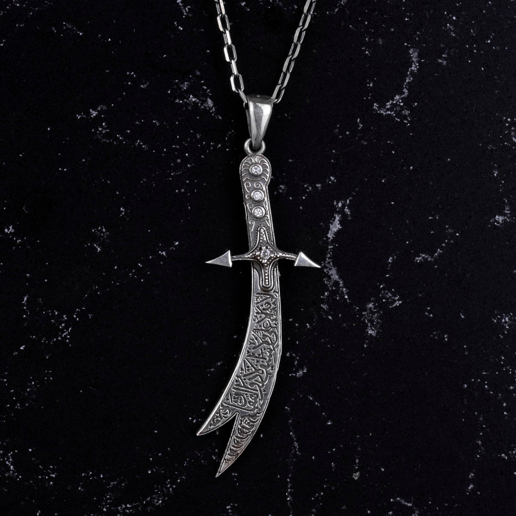 925 Sterling Silver Zulfiqar Sword Necklace - Zircon Stone Islamic Jewelry (White) — 4