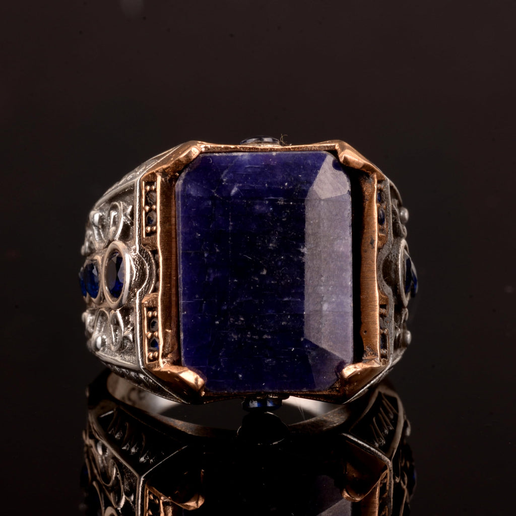 Natural Sapphire Stone Ring, 925 Sterling Silver Men's Ring — 6