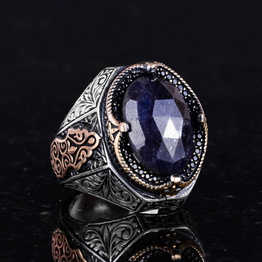 Natural Blue Sapphire Stone Ring - 925 Sterling Silver Men's Ring — 6