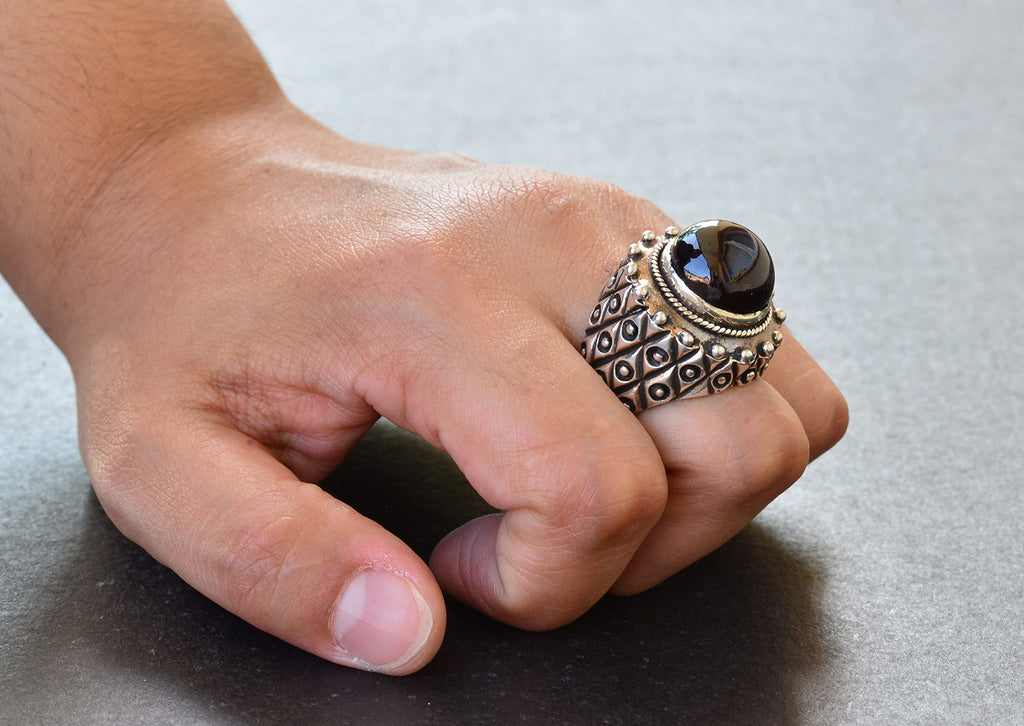 Silver Men's Ring with Natural Garnet Stone — 7
