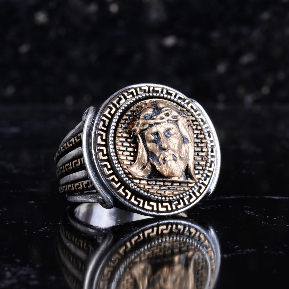 KAMBO 925 Sterling Silver Men's Ring Bronze Detailed Handmade Vintage Symbolic Statement Ring (Jesus Face) — 6