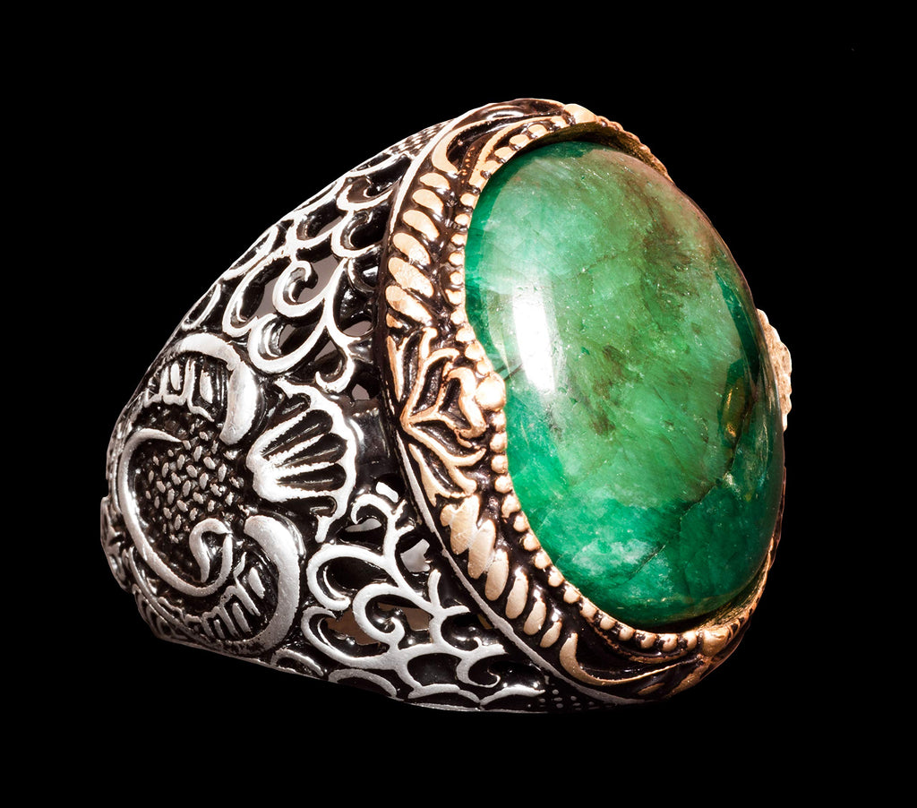 Natural Emerald Stone Ring - Men's Ring - 925 Sterling Silver Unique Design — 6