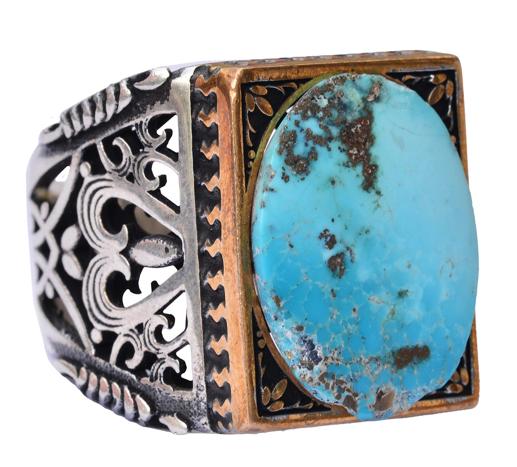 Natural Arizona Turquoise Stone Men's Ring - Silver