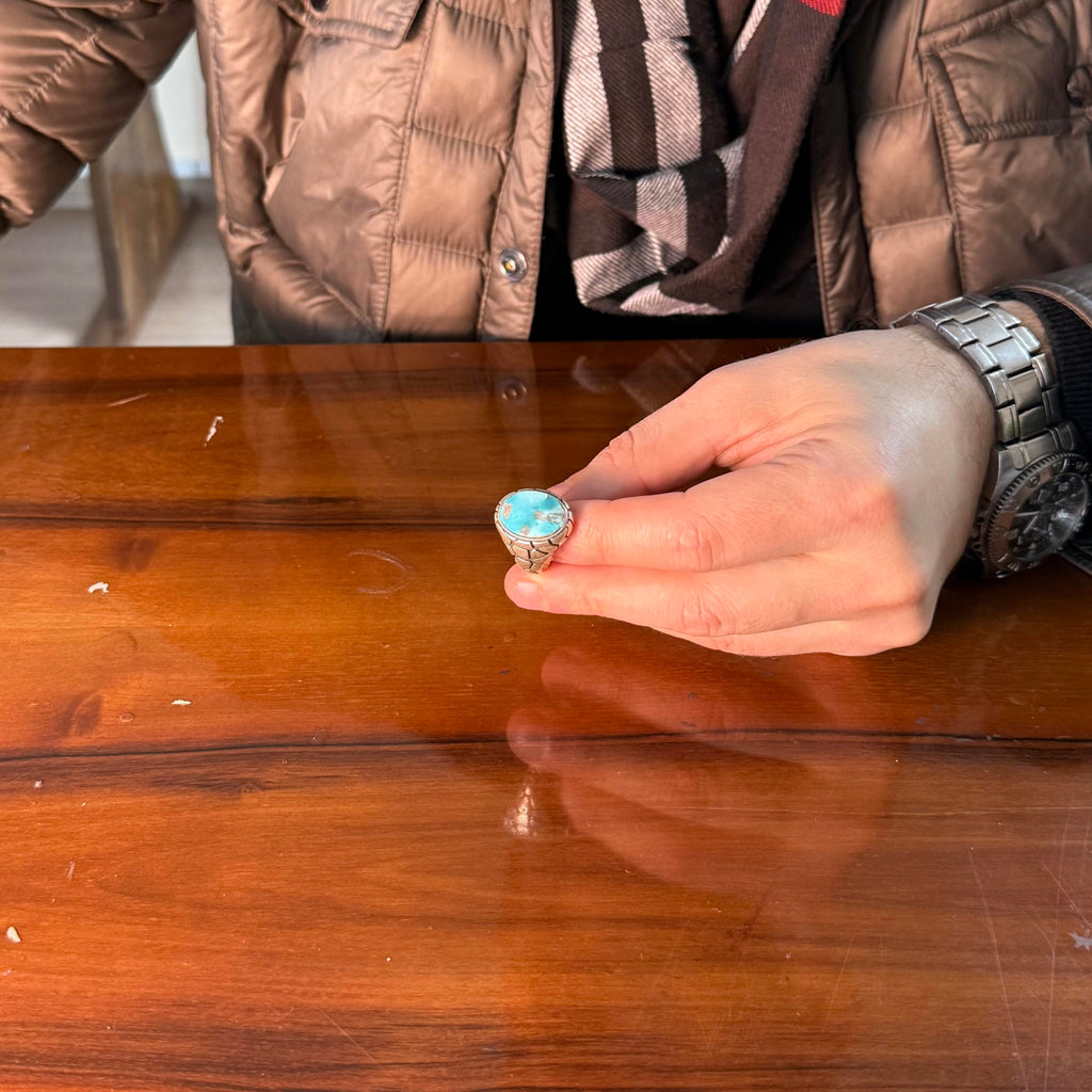 KAMBO Natural Turquoise Stone Ring - Snake Skin Pattern 925 Sterling Silver Men's Ring (Style-1) — 3