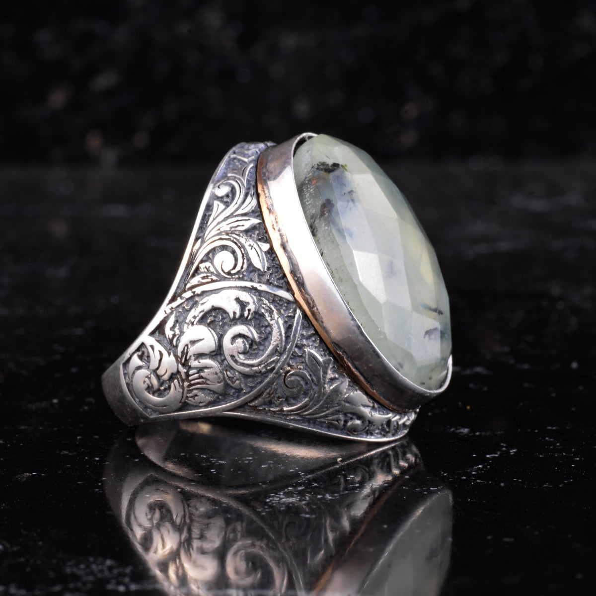 KAMBO Natural Prehnite Stone Large Men's Ring - Faceted Prehnite Stone Ring - Ottoman Floral Engraved Design 925 Sterling Silver Handmade Ring — 6