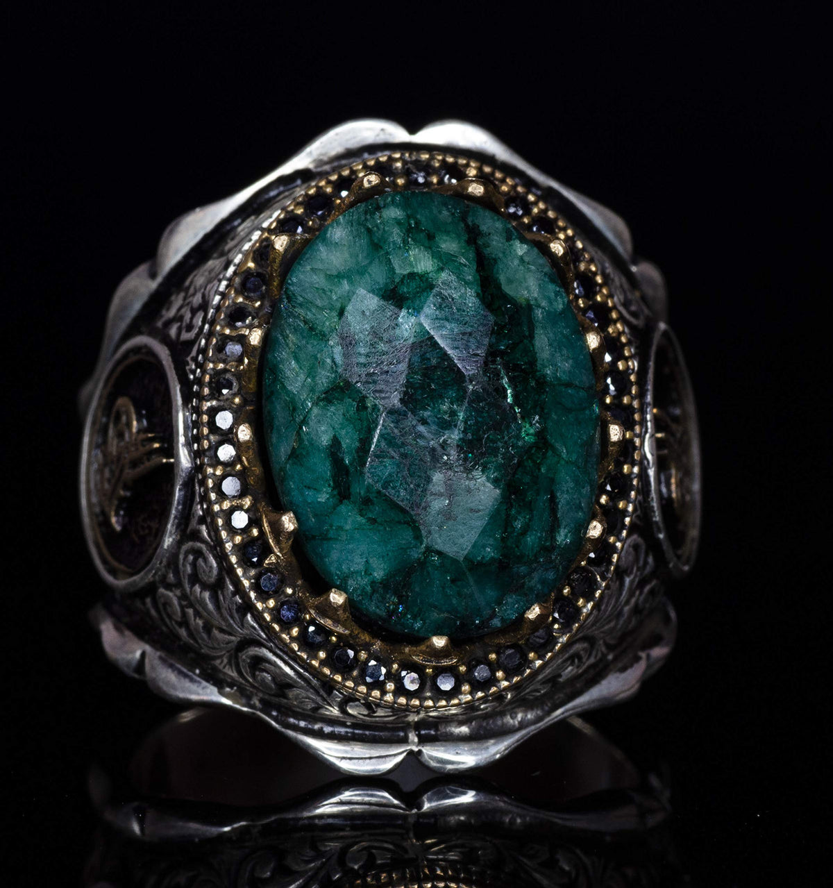 Natural Emerald Stone Silver Ring with Ottoman Tughra — 2