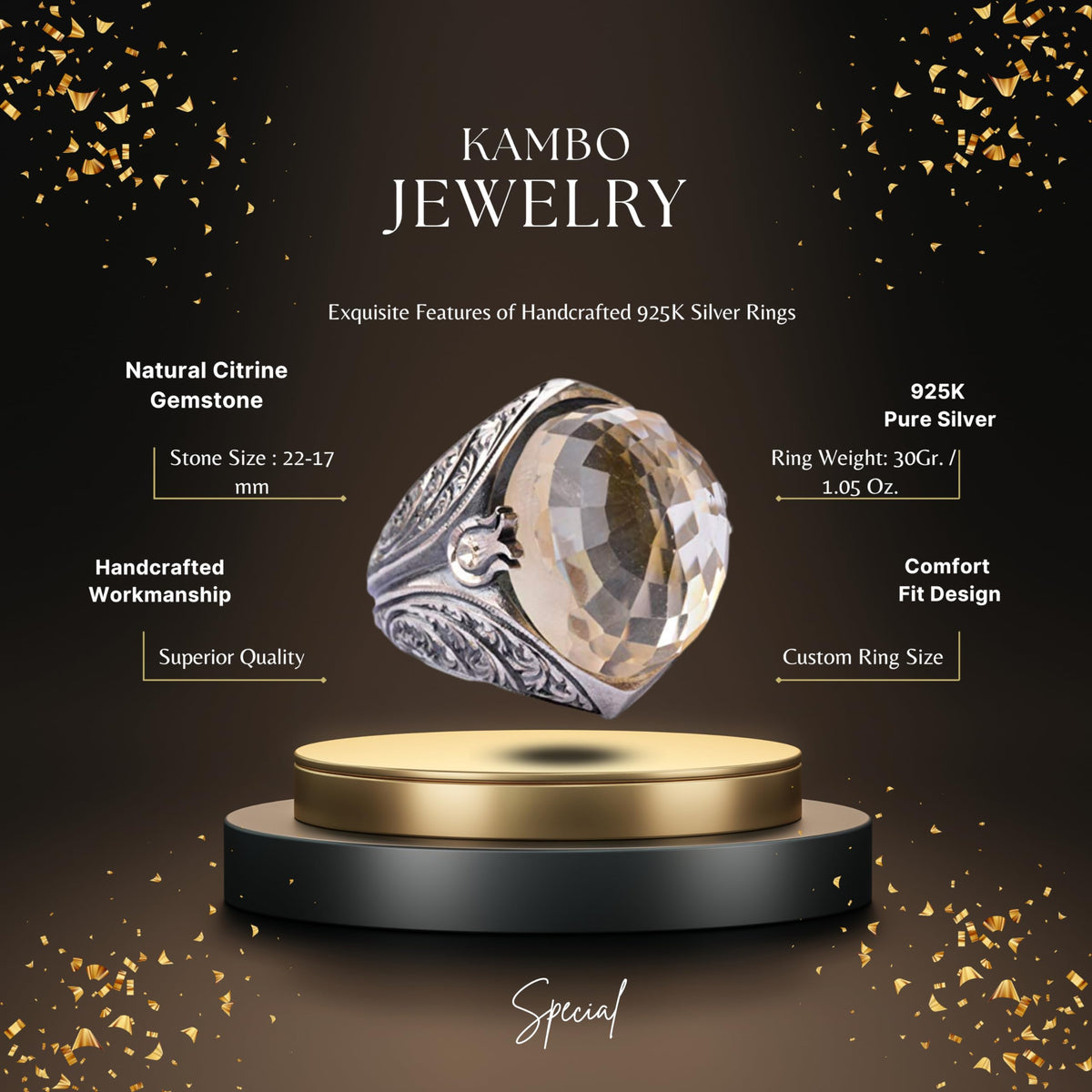KAMBO Handmade Men's Sterling Silver Ring with Natural Citrine Gemstone, Vintage Statement Jewelry, 925 Sterling Silver 