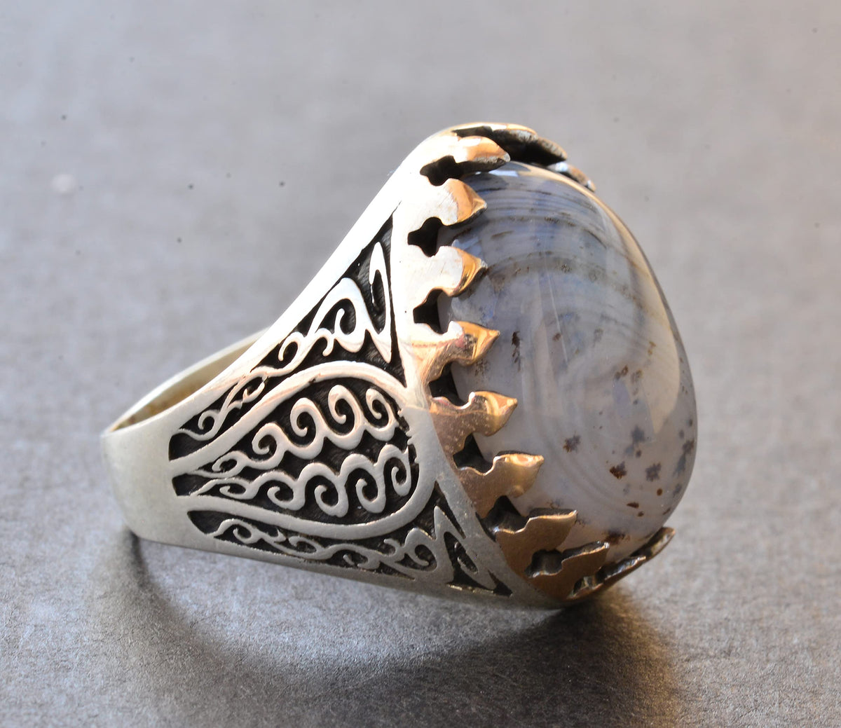 925 Sterling Silver Men's Ring - Natural Beige Wood Stone Vintage Design — 4