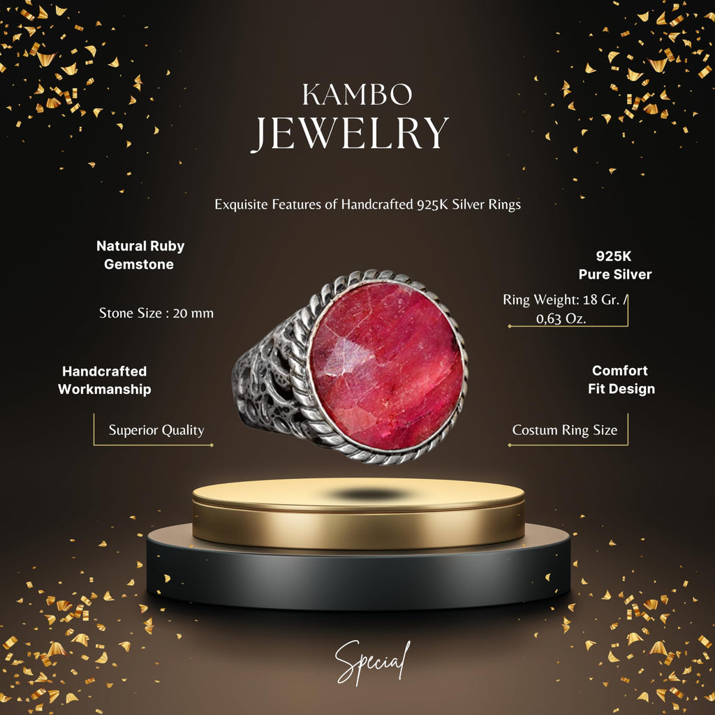 KAMBO Handmade 925 Sterling Silver Ruby Ring for Men, Genuine 19.20 Carat Red Gemstone Statement Birthstone Ring, Vintag