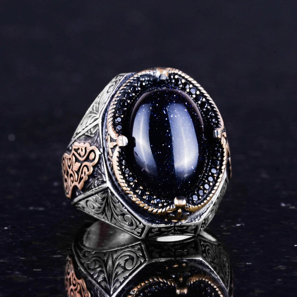 Blue Synthetic Sunstone Ring, 925 Sterling Silver Men's Ring, Stylish Handmade Silver Ring — 6