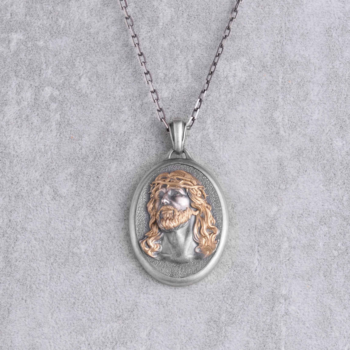 KAMBO 925 Sterling Silver Jesus Christ Necklace for Men - Thorn Crown Religious Oval Medallion - Chain Christian Gift (Gold Plated) — 4