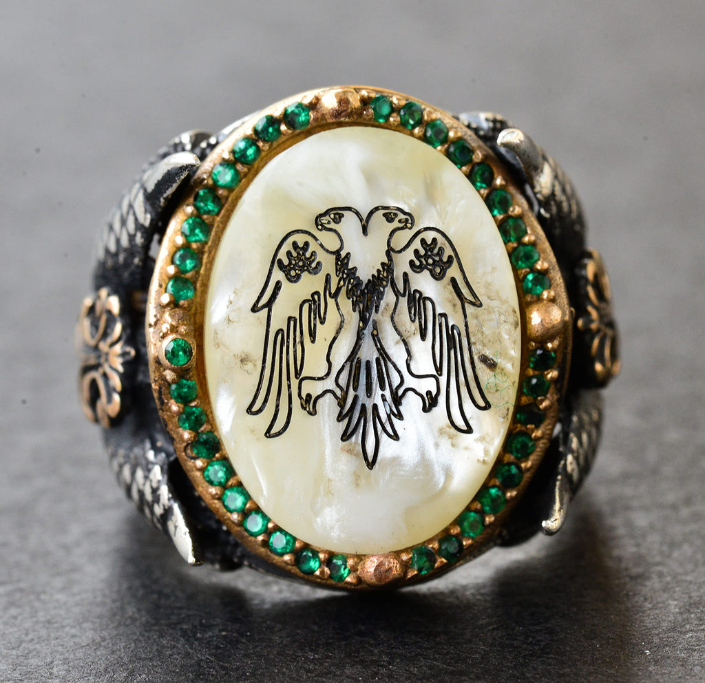 Silver Double-Headed Eagle Ring - Green Stones and Pearl — 5
