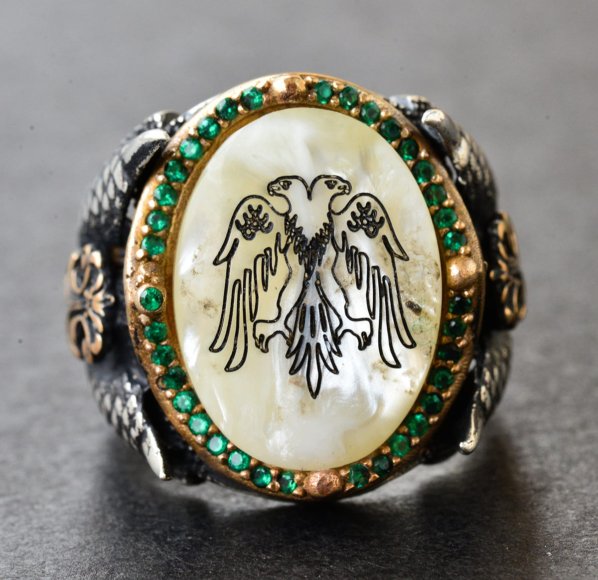 Silver Double-Headed Eagle Ring - Green Stones and Pearl — 5